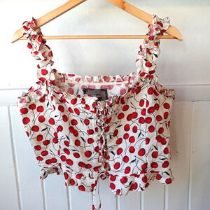 Reformation Corset Bustier Crop Top 10 White Red Cherry Print Linen Lace Up Tank